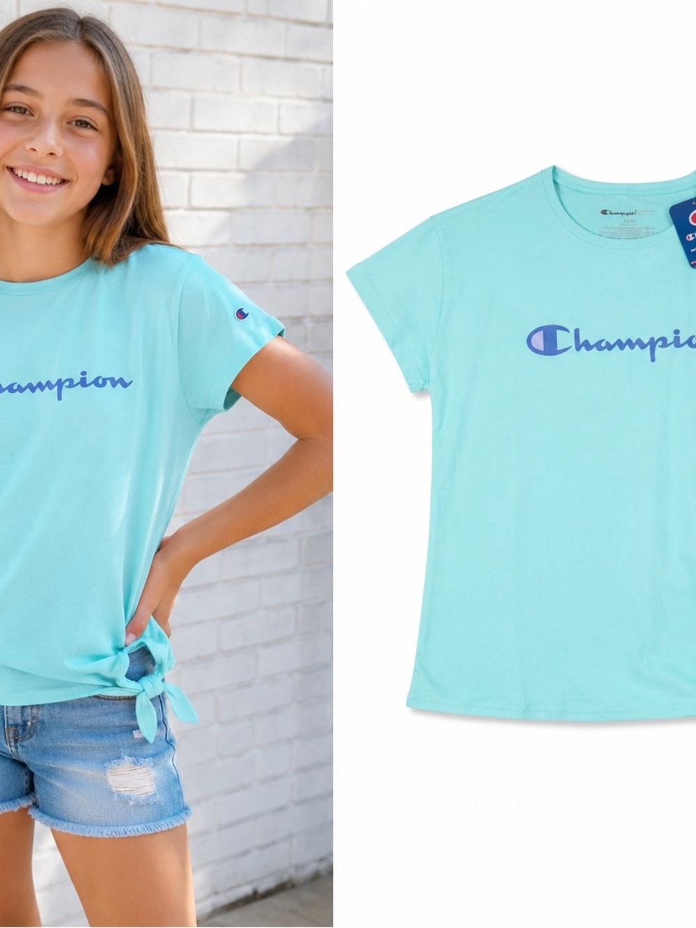 Champion Aqua Blue Logo Tee for Girls